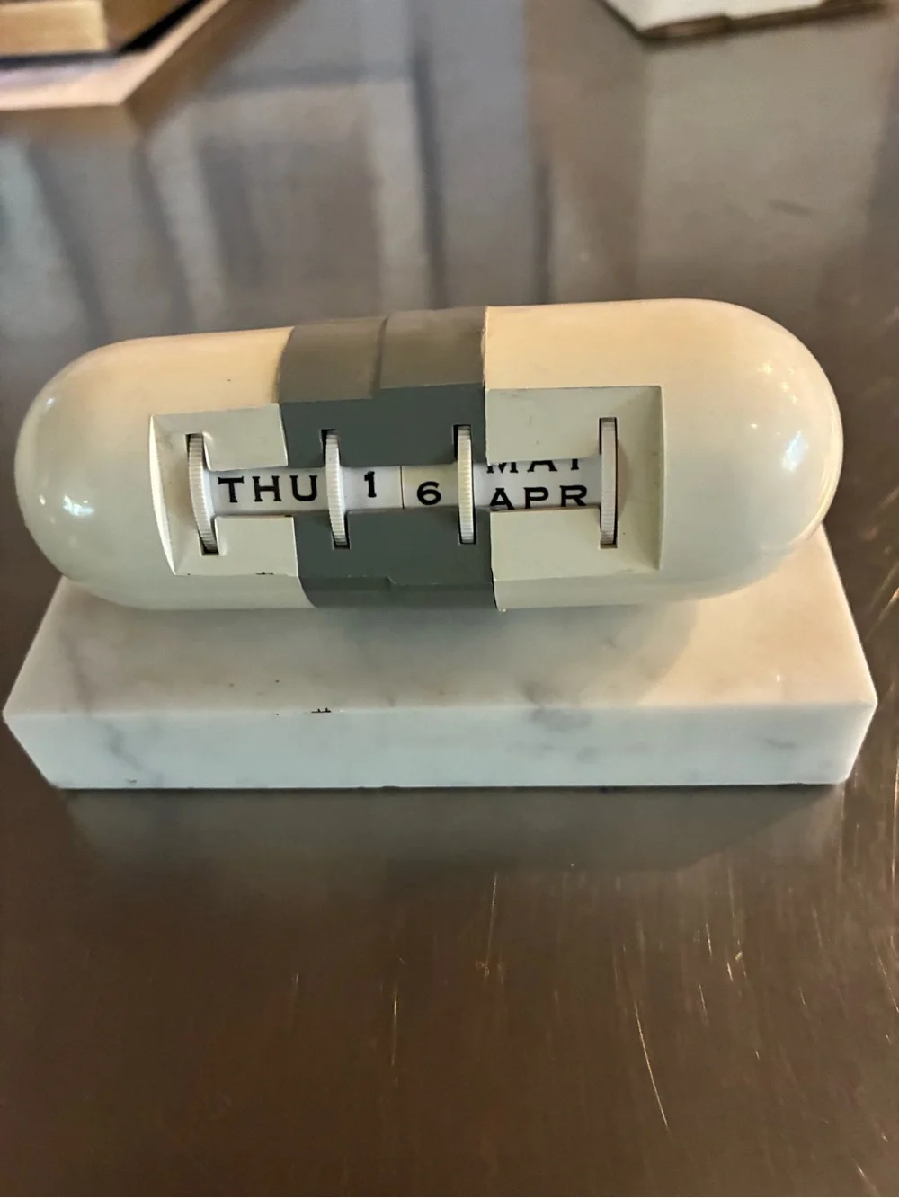 Pill Capsule Desk Calendar Cream /Gray Desktop Perpetual Calendar on Marble Base
